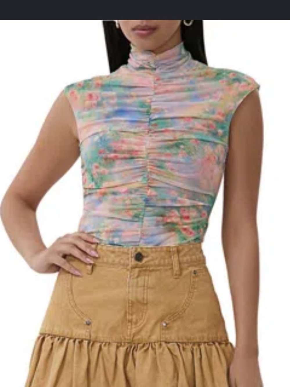 AFRM Pastel Floral Ruched Mock Neck Short Sleeve Top